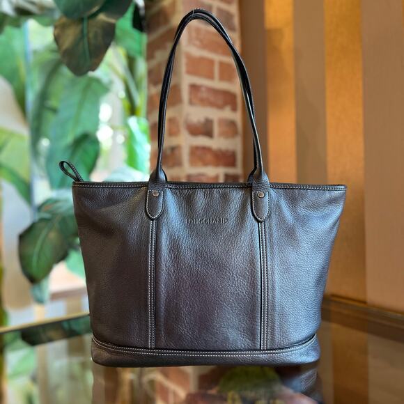 LONGCHAMP Medium Tote Pewter Shimmer Cuir Leather Tote - Picture 1 of 13